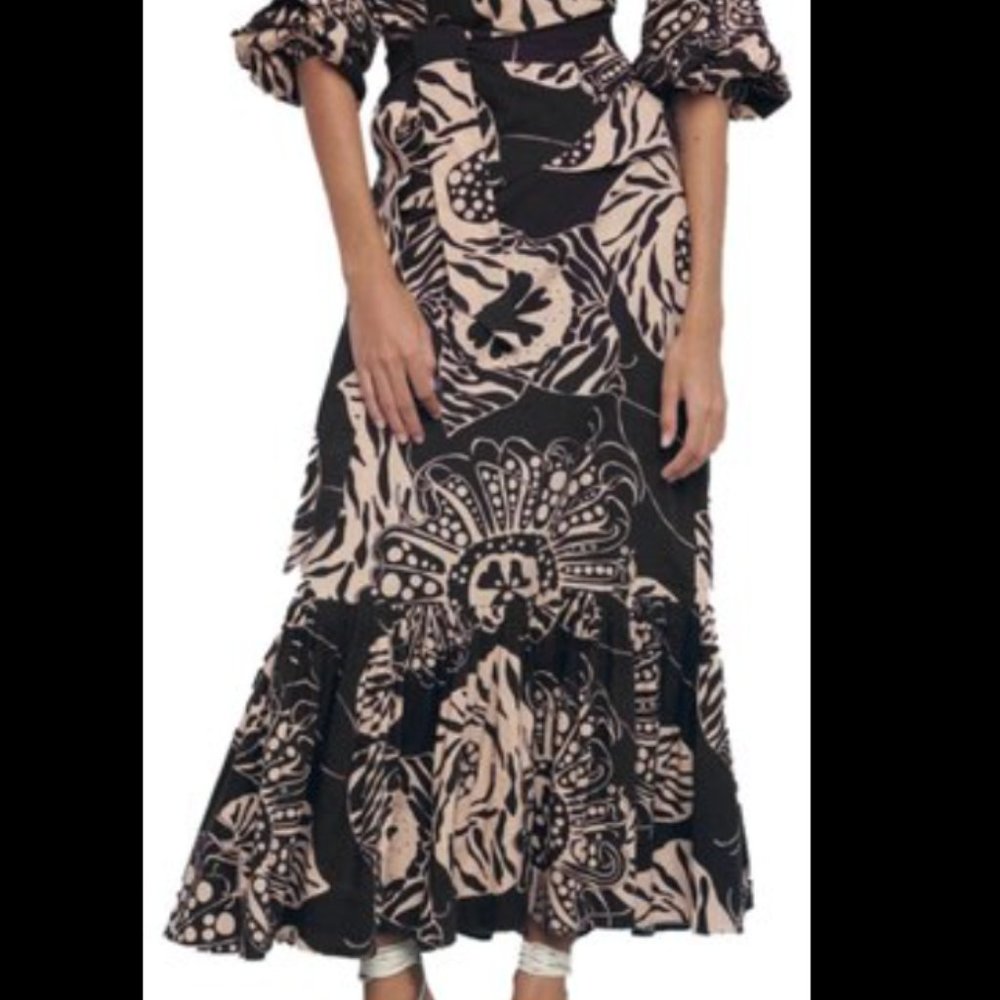 ZARA LINEN BLEND LONG PRINTED SKIRT -- CHAMPAGNE